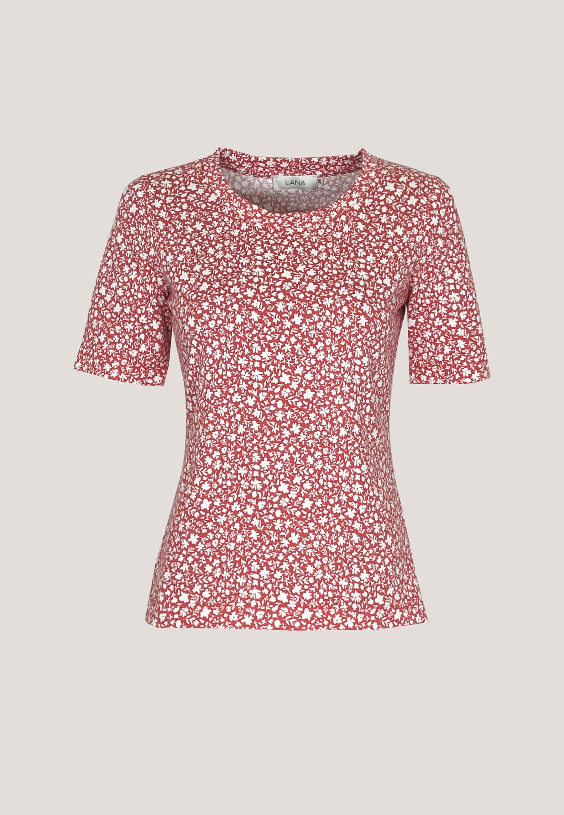 Shirt, Modell Vinnie in rotem Grundton mit weißem Blumendruck, halblangen Ärmeln und schmaler Passform aus weichem Stoff
