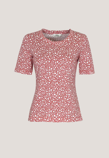 Shirt, Modell Vinnie in rotem Grundton mit weißem Blumendruck, halblangen Ärmeln und schmaler Passform aus weichem Stoff