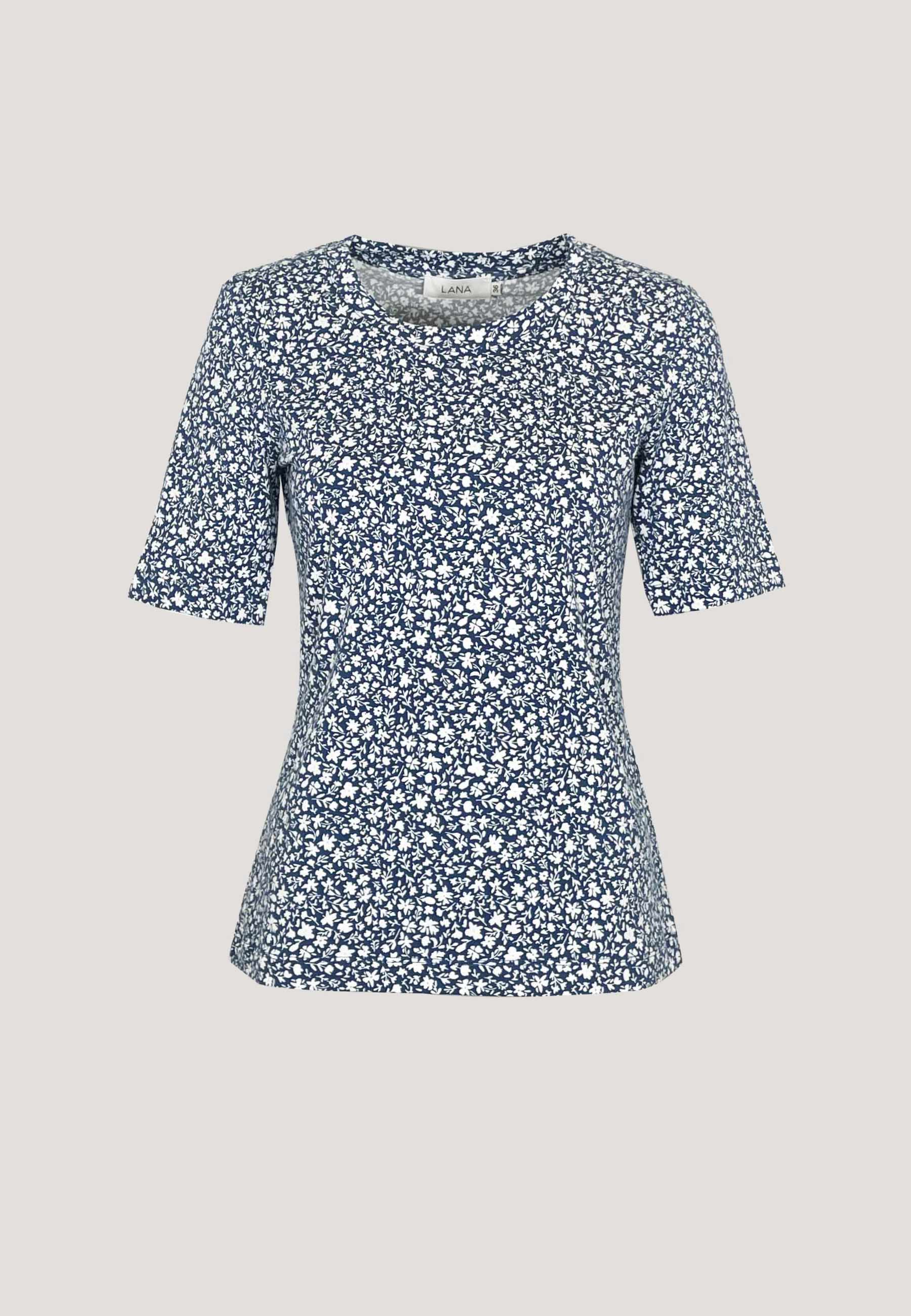 Shirt, Modell Vinnie mit blau-weißem Blumenprint, kurzen Ärmeln und leicht taillierter Passform aus angenehm weichem Stoff