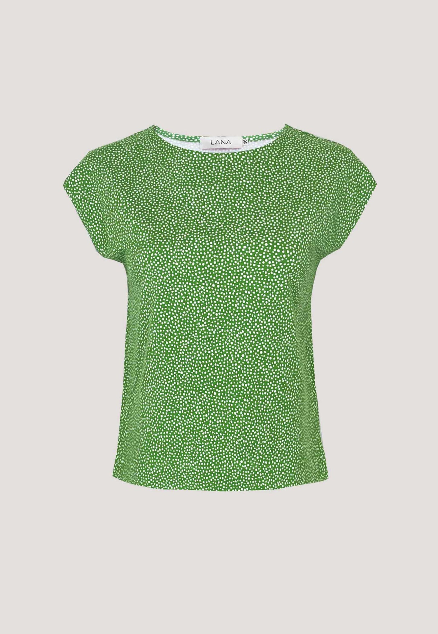 Shirt, Modell Kim in lebhaftem Grün mit kleinen weißen Punkten, Kurzärmeln und lockerem, angenehm weichem Stoff