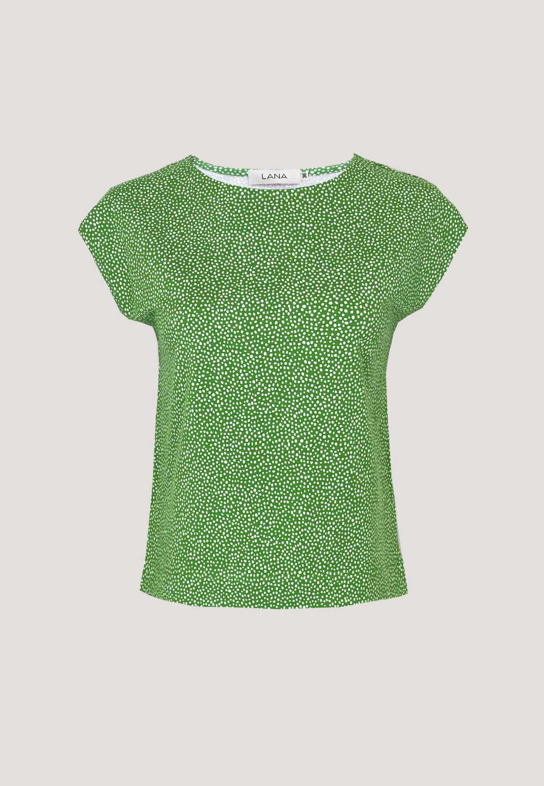 Shirt, Modell Kim in lebhaftem Grün mit kleinen weißen Punkten, Kurzärmeln und lockerem, angenehm weichem Stoff