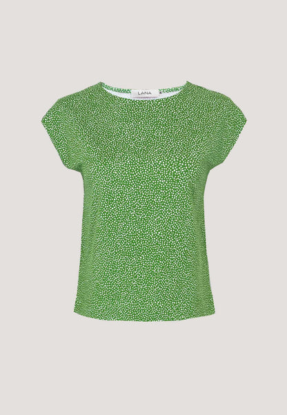 Shirt, Modell Kim in lebhaftem Grün mit kleinen weißen Punkten, Kurzärmeln und lockerem, angenehm weichem Stoff