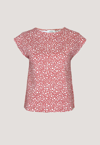 Shirt, Modell Kim mit rotem Blumendruck, kurzen Ärmeln und lockerem Schnitt aus leichtem, angenehmem Stoff