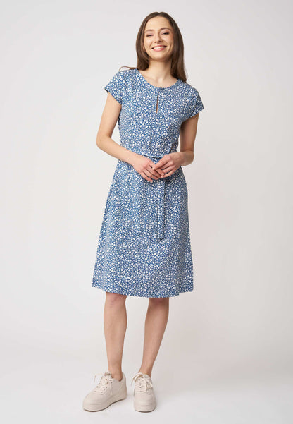 Kleid, Modell Cinthia mit zartem Blumenmotiv, rundem Ausschnitt, kurzer Arm und locker fallendem Rock für leichten Sommerstil