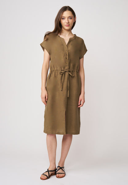 Kleid, Modell Filipa in sanftem Braun mit kurzem Arm und Taillenschnürung für einen entspannten Sommerlook