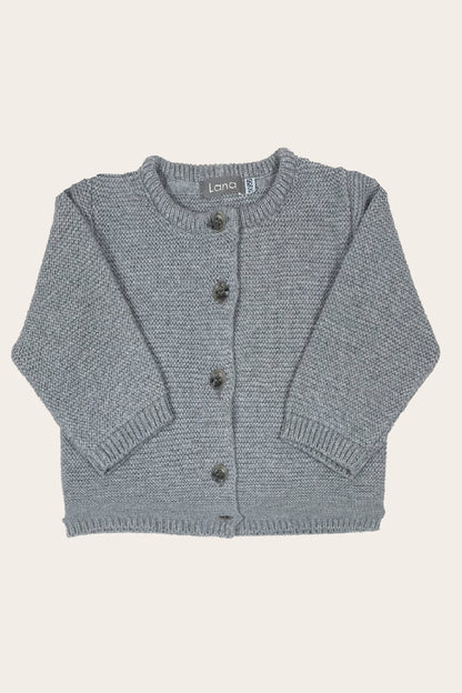 Jacke Modell Kim graumelange gestrickt nachhaltig weich Bio Baumwolle langärmlig Knöpfe rundhals